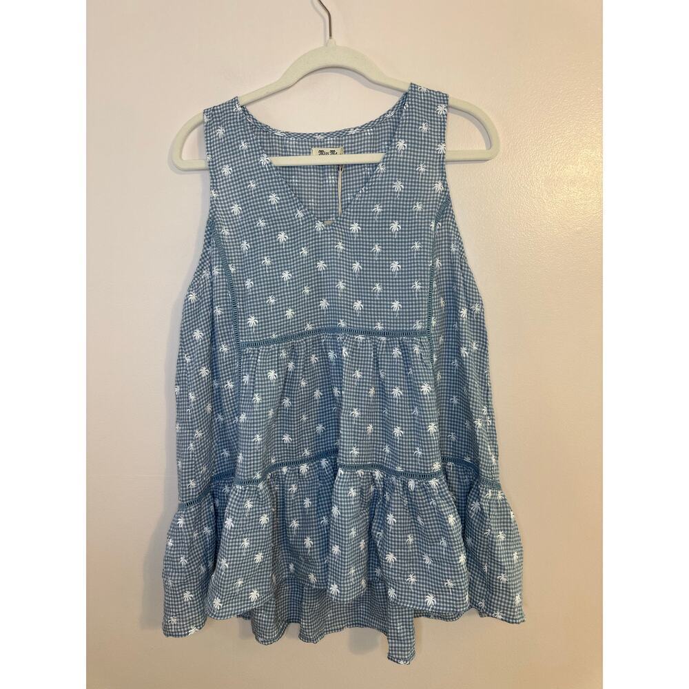 NWT Miss Me Sleeveless Tiered Ruffle Babydoll Blue Gingham Top Coastal Sze Large